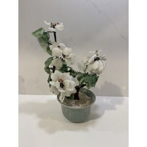 Vintage Jade Tree Glass White Flowers Carved Leaves Celadon Pot